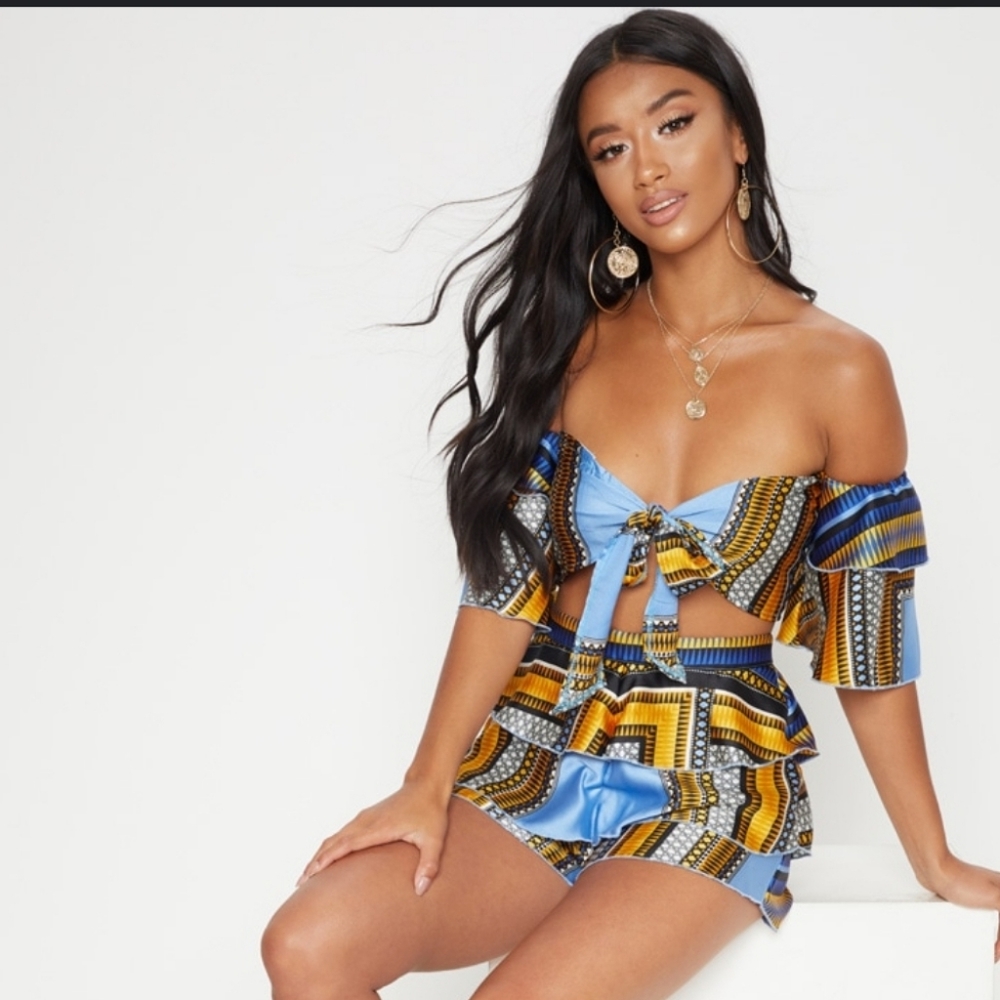 PLT Blue satin tribal printed bardot top - NWT